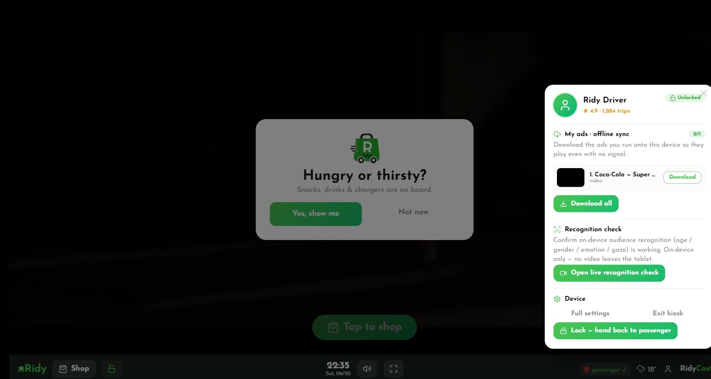 RidyCast passenger prompt and driver console