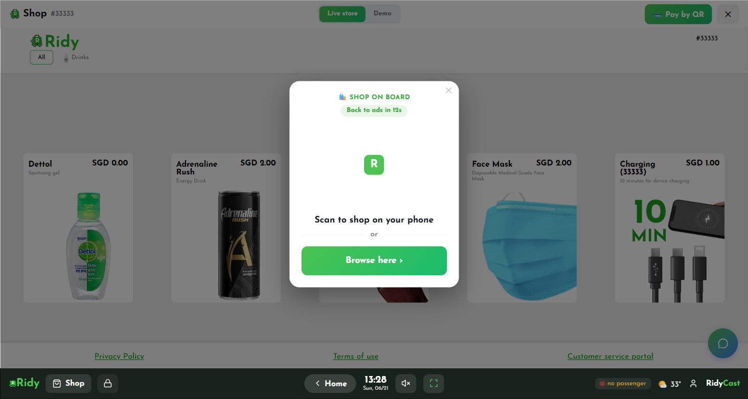 RidyCast on-board shop with QR checkout